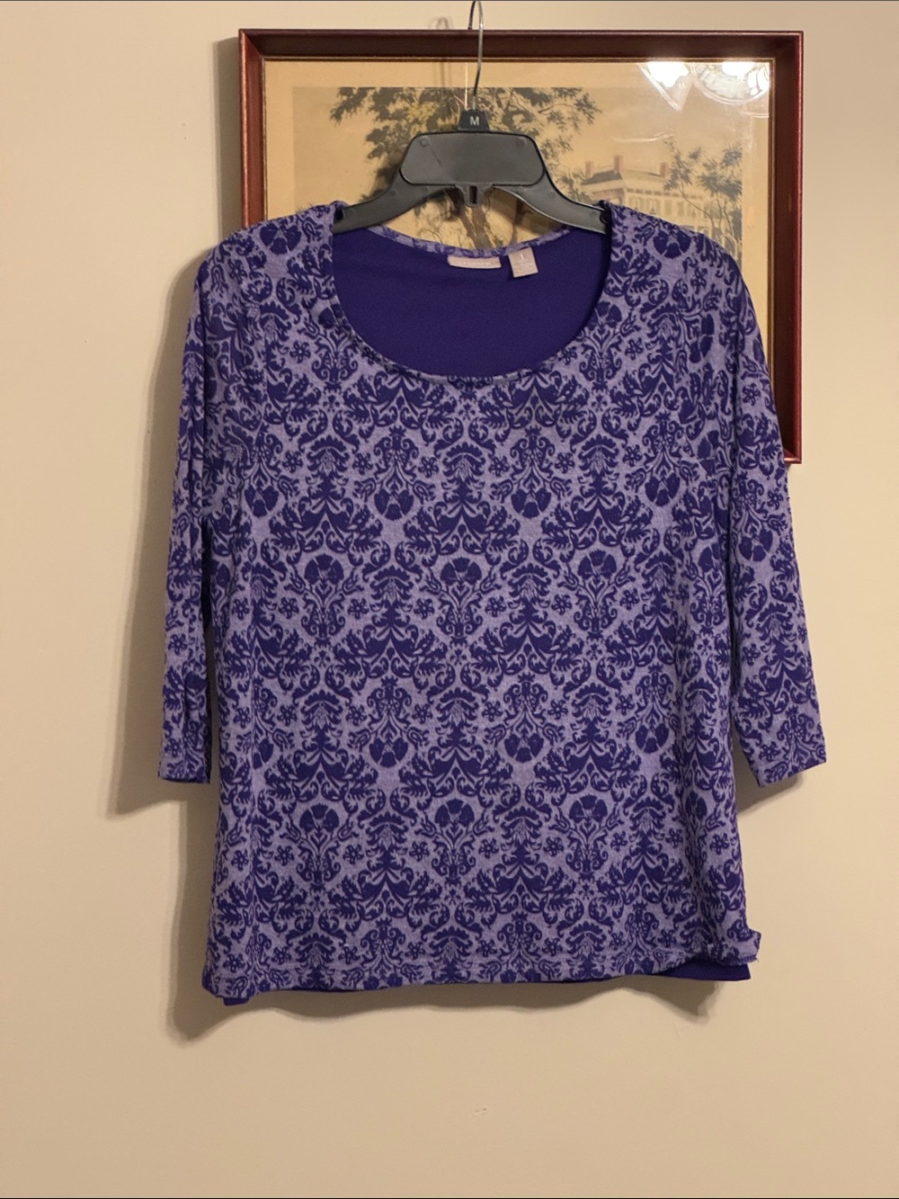 Chicos Woman’s Purple Geometric Damask Print Top 3/4 Sleeve Large